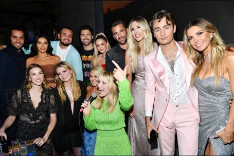 The cast of 'The Hills: New Beginnings" and singer Natasha Bedingfield (center) at a party for the premiere of the show.